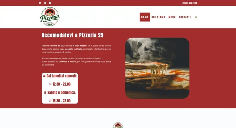 Schermata della homepage di un sito web per pizzeria e ristorante realizzato con Elementor a pagina vuota