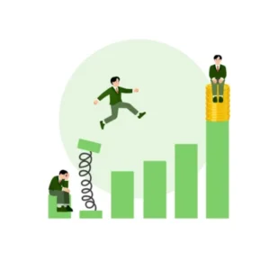 Grafica che mostra il passaggio dal fallimento al successo economico con un uomo che salta su un grafico a barre finanziario