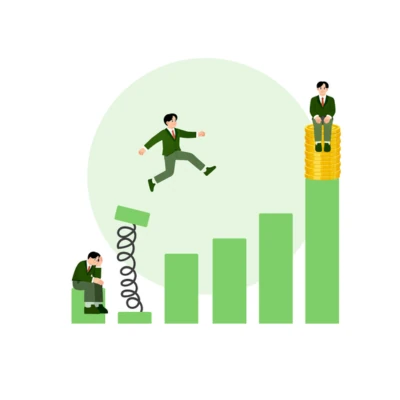 Grafica che mostra il passaggio dal fallimento al successo economico con un uomo che salta su un grafico a barre finanziario