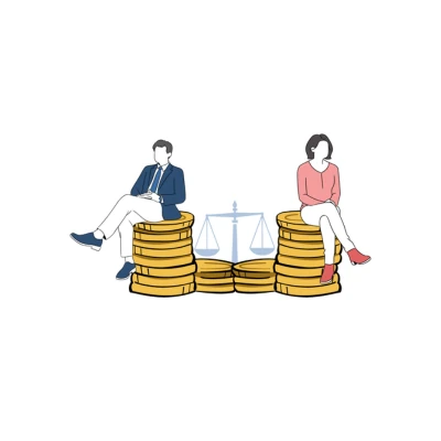 Grafica con un uomo e una donna seduti su pile di monete d'oro livellate alla stessa altezza e separate da una bilancia, a simboleggiare il divario e l'equità salariale.