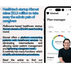 Post grafico per social media con notizia aziendale, mockup di uno smartphone con interfaccia app e foto del fondatore
