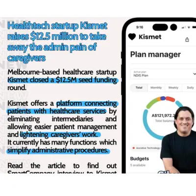 Post grafico per social media con notizia aziendale, mockup di uno smartphone con interfaccia app e foto del fondatore