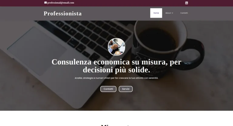 Schermata della homepage di un sito internet per consulente economico freelance sviluppato con Elementor a pagina bianca