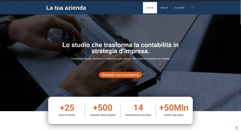 Schermata della homepage di un sito web per studio contabile e consulenza aziendale realizzato con Elementor a pagina bianca