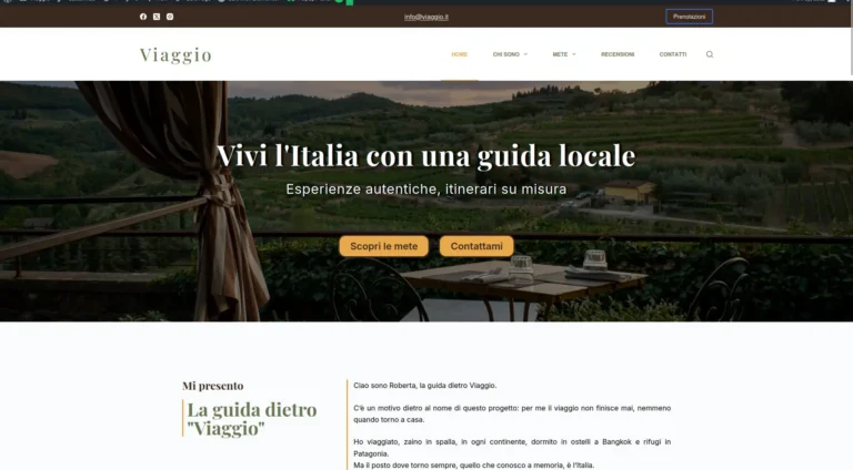 Schermata della homepage di un sito web per viaggi e guide turistiche in Italia sviluppato con Elementor a pagina bianca